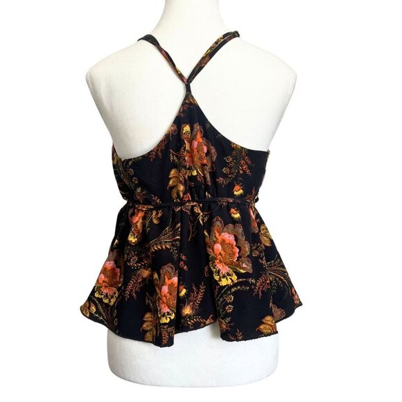 URBAN OUTFITTERS DAKOTA BLACK ORANGE FLORAL RACERBACK WRAP PEPLUM TOP - L - Picture 3 of 10